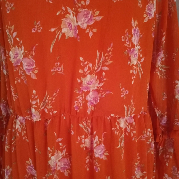 Vince Camuto Bright Orange Floral Boho Tiered Knee Length Dress Size Large - Picture 7 of 7